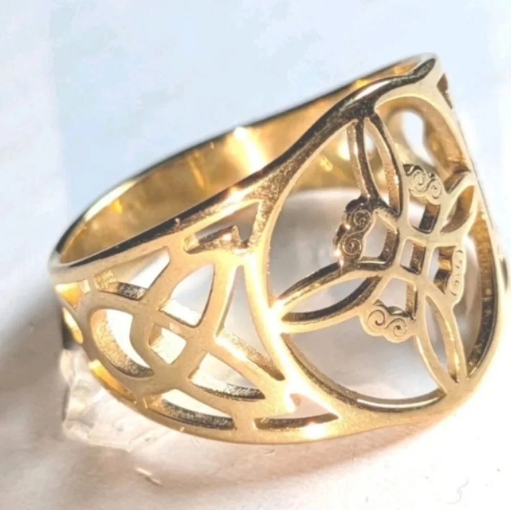 Witch Knot Golden Stainless Steel Ring For Women Wiccan Cross Celtic Knot Sz 8